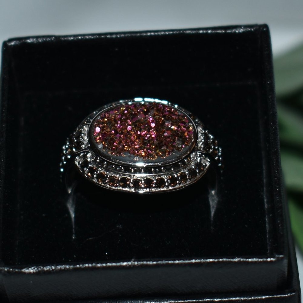 Sunset Drusy and Smoky Quartz Ring, Size 10